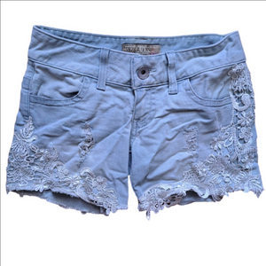 Guess Distressed Denim Shorts with Lace Trim – Size 23 US – Light Wash
